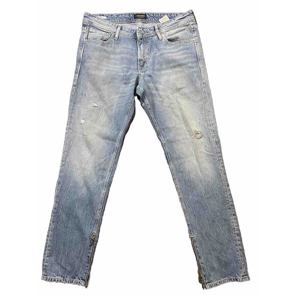 Jack & Jones Jeans Mens 38x32 Slim Fit Mike Light Wash Blue Straight Button - Picture 1 of 7